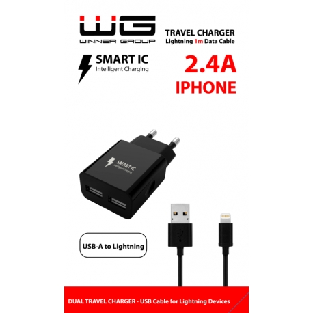 Síťová nabíječka DUAL USB (2,4A) + datový kabel lightning - černá