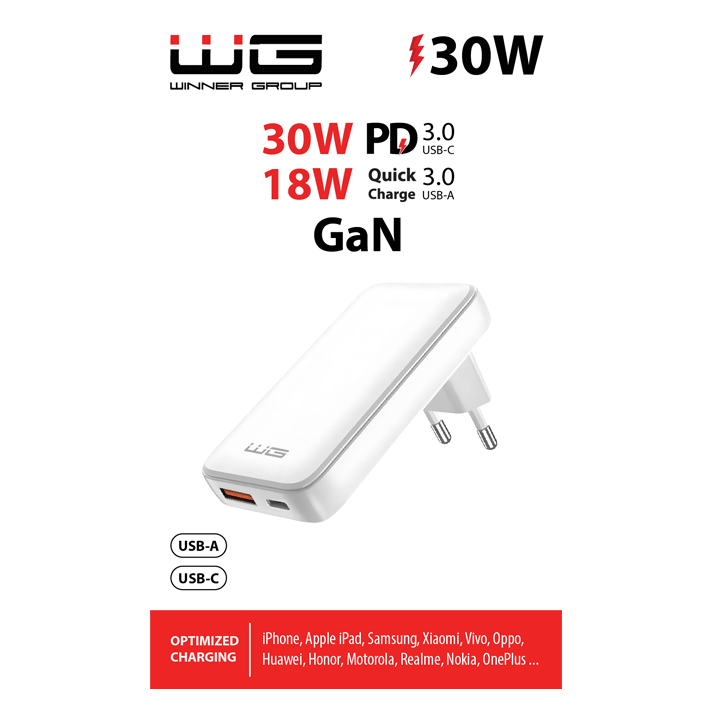 Síťová nabíječka GaN 1xUSB-C 30W+1xUSB-A 18W - bílá - Image 3