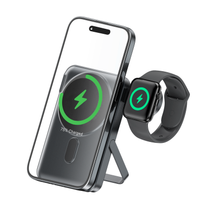 Powerbank 10000 mAh s nabíjecím slotem na Apple Watch a stojánkem - černá