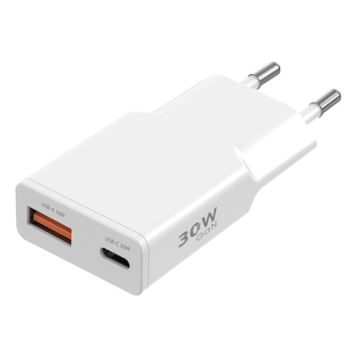 Síťová nabíječka Ultra Slim GaN 1xUSB-C 30W, 1xUSB-A 18W - bílá